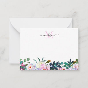 Cute Blommigt Rosa Peony Botanical Monogram Anteckningskort