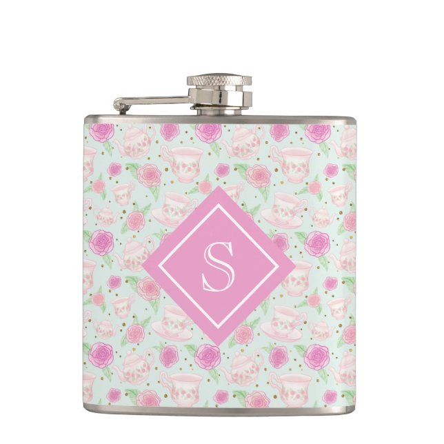 Cute Blommigt Rosa Tea Kopp Mönster Monogram Fickplunta (Framsidan)