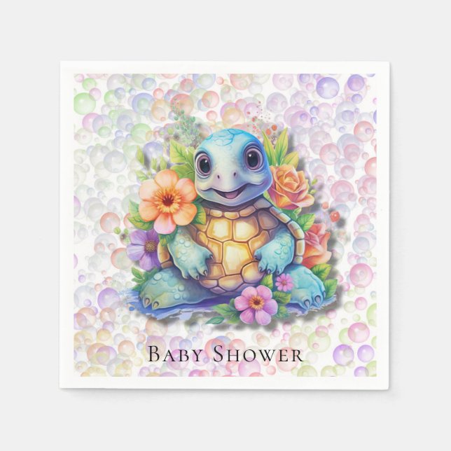 Cute Blommigt Sea Turtle and Bubbles Baby Shower Pappersservett (Framsidan)