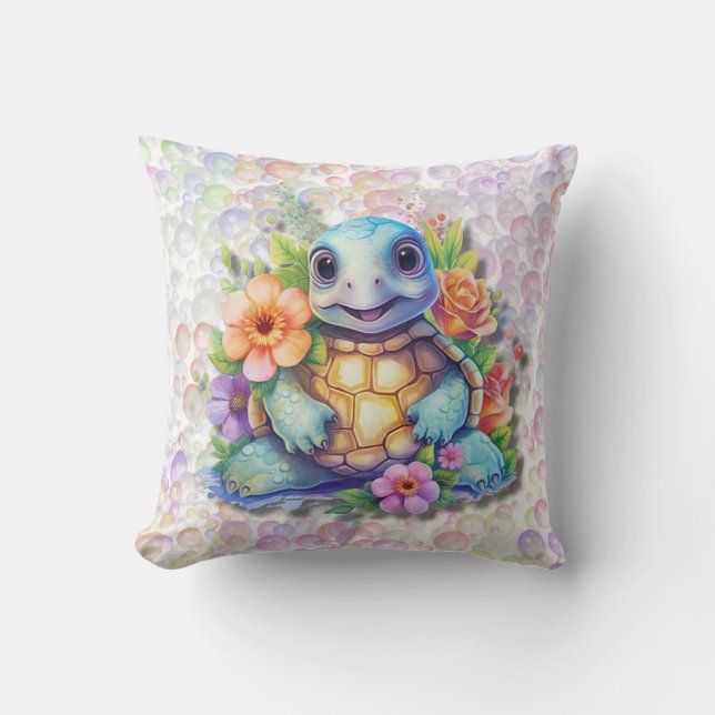 Cute Blommigt Sea Turtle och Bubbles Baby Nursey Kudde (Framsida)