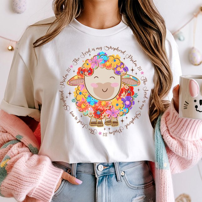 Cute Blommigt Sheep; Herren är min Shepherd Påsk T Shirt (Skapare uppladdad)
