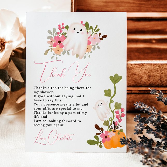 Cute blommigt spökpumpa små babydusch tack kort (Cute floral ghost pumpkin little boo baby shower thank you card)