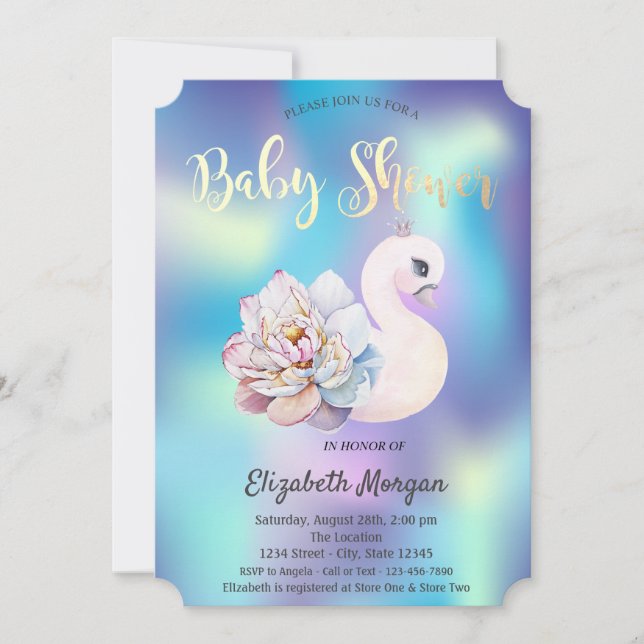 Cute Blommigt Svan HoloGraphics Baby Shower Inbjudningar (Framsida)