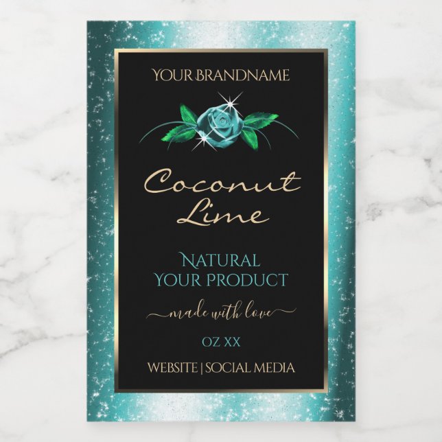 Cute Blommigt Teal Black Product Labels Soft Glitt Mat Etikett (Singel etikett)