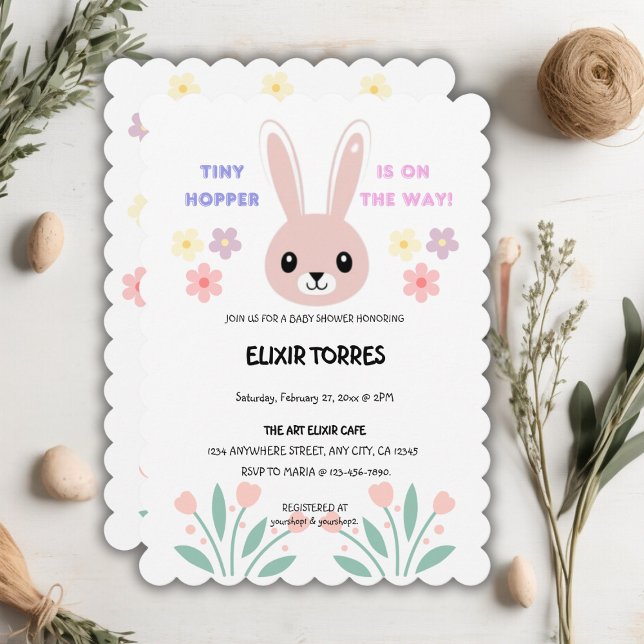 Cute Blommigt Tiny Hopper Bunny Baby Shower Inbjudningar (Skapare uppladdad)