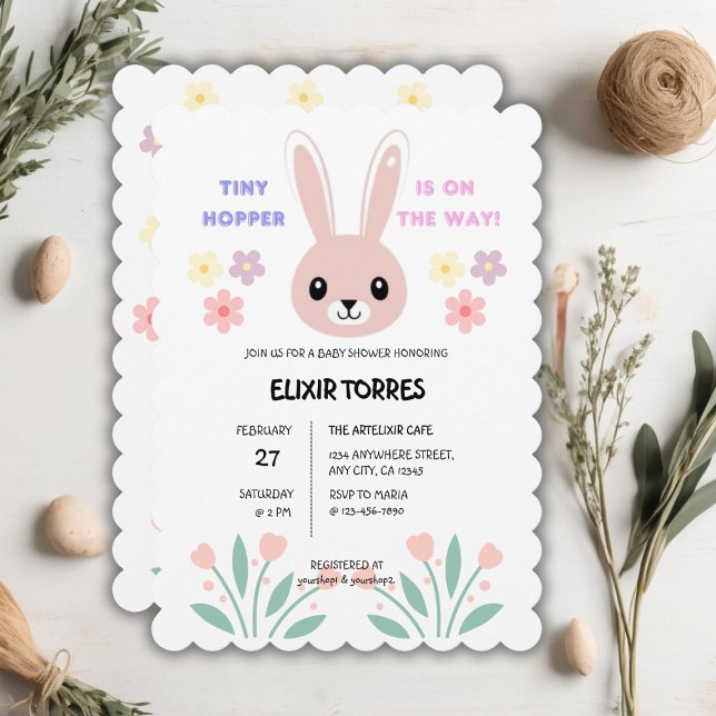 Cute Blommigt Tiny Hopper Bunny Baby Shower Inbjudningar (Skapare uppladdad)