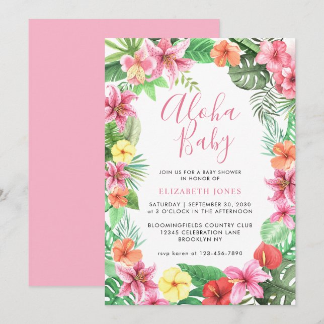 Cute Blommigt Tropical Summer Rosa Aloha Baby Show Inbjudningar (Fram/baksida)
