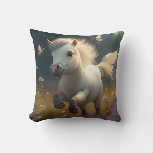 Cute blommigt Unicorns som flyger liten pony Throw Kudde (Framsida)