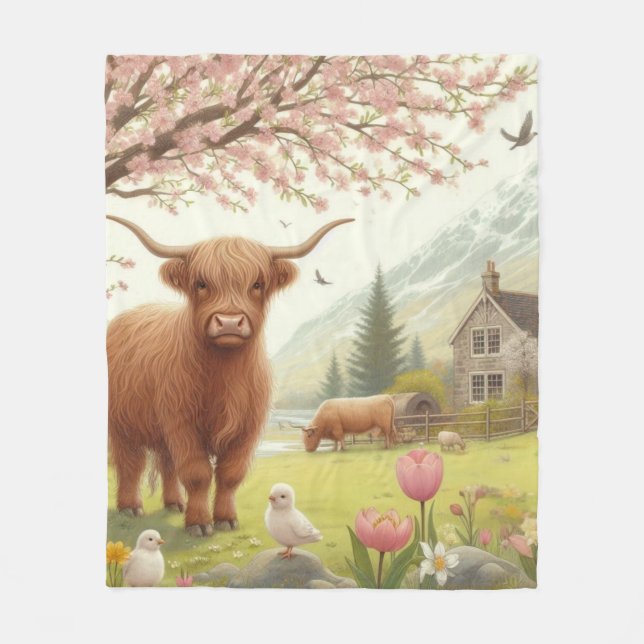 Cute, blommigt/vår-höglandskost fleecefilt (Framsidan)
