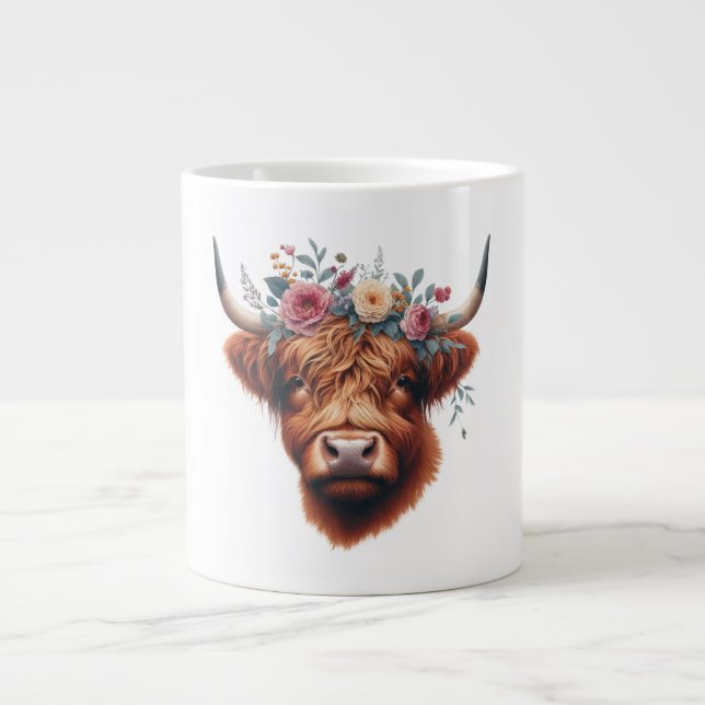 Cute, blommigt/vår-höglandskost jumbo mugg (Framsidan)
