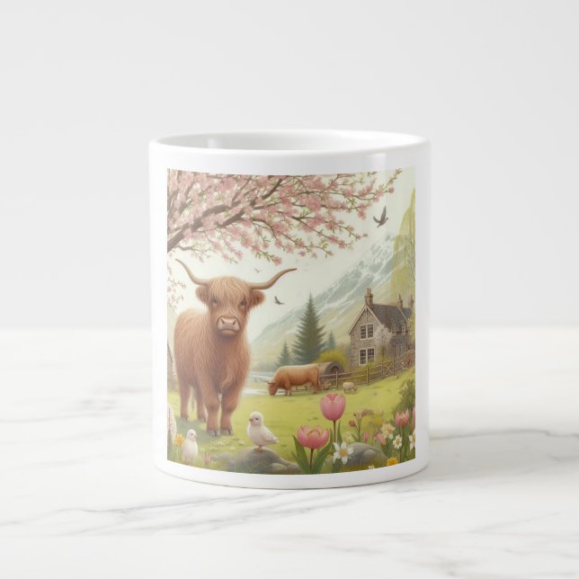 Cute, blommigt/vår-höglandskost jumbo mugg (Framsidan)