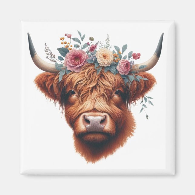 Cute, blommigt/vår-höglandskost magnet (Framsidan)