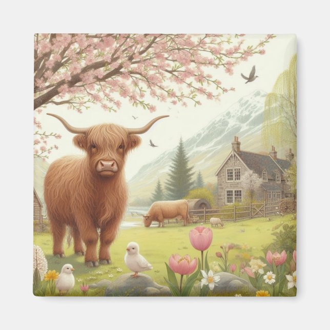 Cute, blommigt/vår-höglandskost magnet (Framsidan)