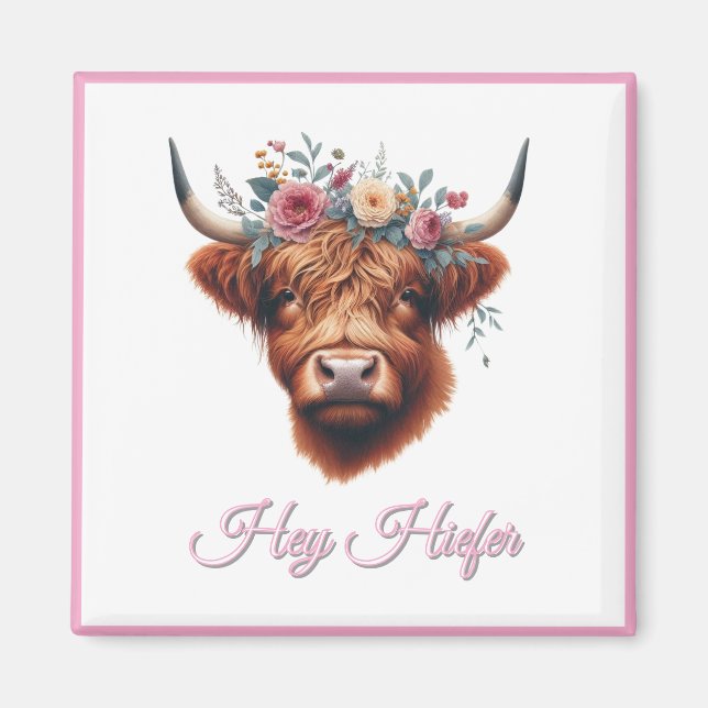 Cute, blommigt/vår-höglandskost magnet (Framsidan)