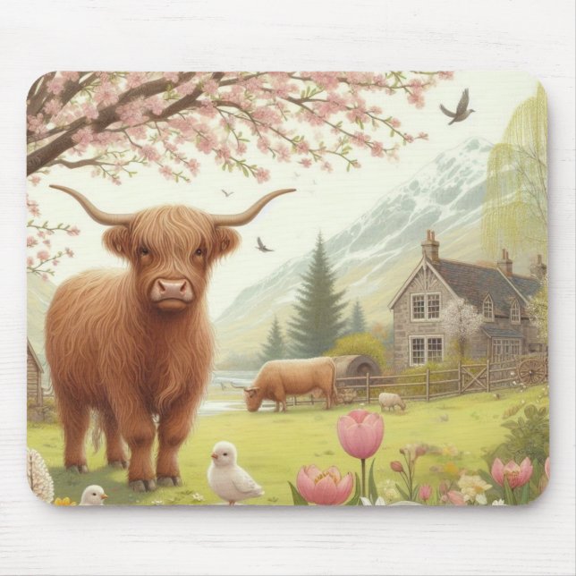 Cute, blommigt/vår-höglandskost musmatta (Framsidan)