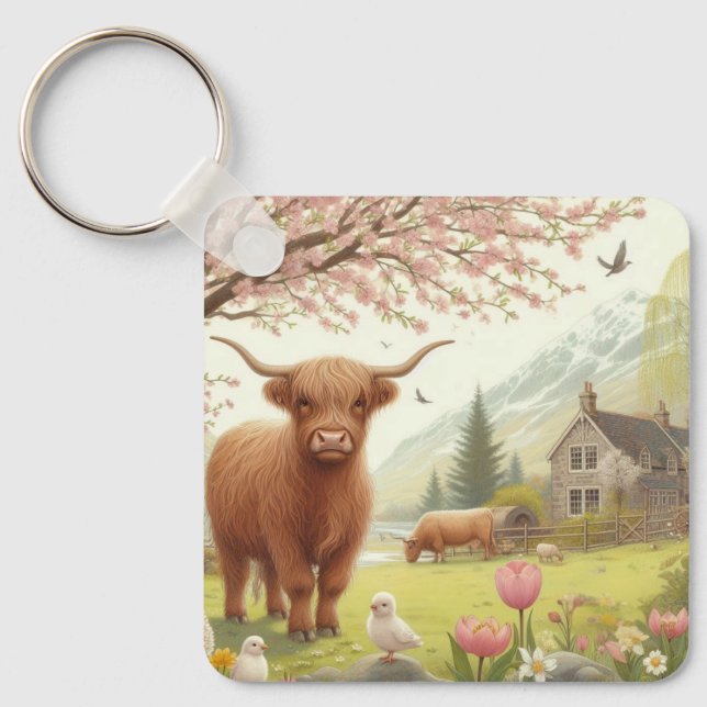 Cute, blommigt/vår-höglandskost nyckelring (Framsida)