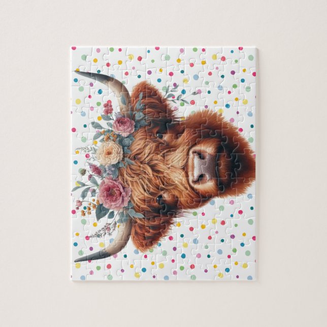 Cute, blommigt/vår-höglandskost pussel (Vertikal)