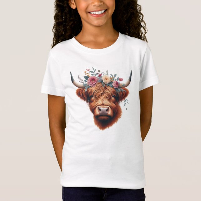 Cute, blommigt/vår-höglandskost t shirt (Framsida)
