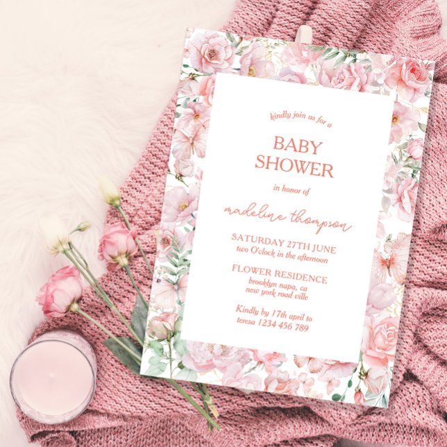 Cute Blommigt  Vinge Rosa Baby Shower Inbjudningar (Skapare uppladdad)