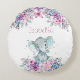 Cute Blommigt Watercolor Baby Elephant for Girl Rund Kudde