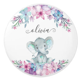 Cute Blommigt Watercolor Baby Elephant Namn Monogr Knopp
