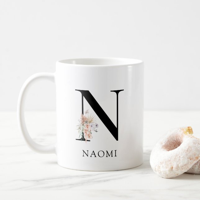 Cute Blommigt Watercolor Boho Monogram Kaffemugg (Med munk)