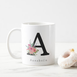 Cute Blommigt Watercolor Boho Rosa ros Monogram Kaffemugg