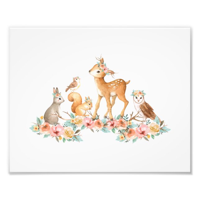 Cute Blommigt Woodland Animals Girl Nursery Decor Fototryck (Framsidan)