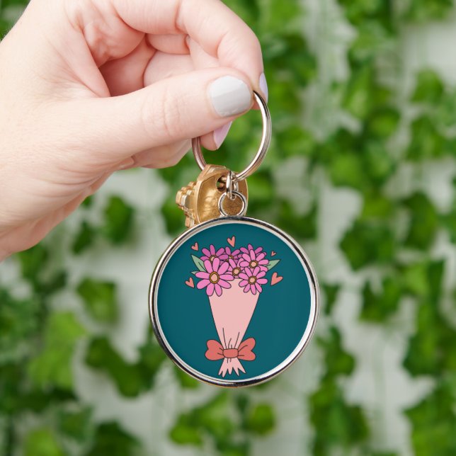 Cute-blommor kärlek teckning rund silverfärgad nyckelring (Hand)