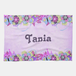 Cute Blommor och fjärilar på lila Kökshandduk