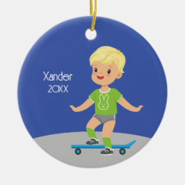 Cute Blond Boy Skateboard Julgransprydnad Keramik