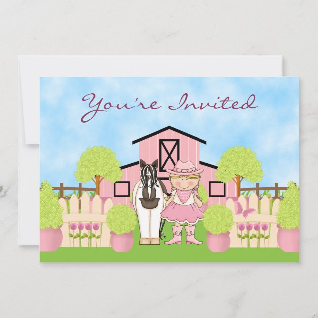 Cute Blond Cowgirl och Paint Horse Birthday Inbjud Inbjudningar (Framsida)
