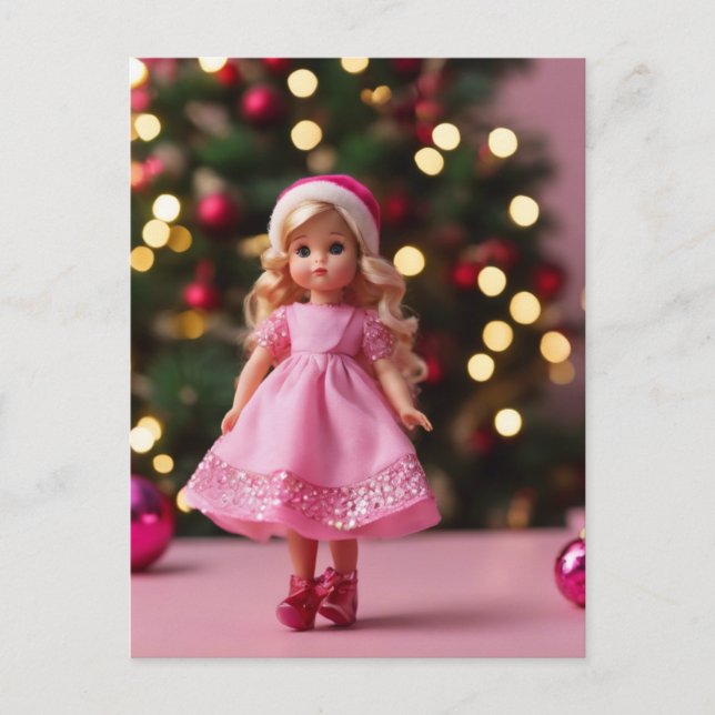 Cute Blond Doll i Rosa jul Vykort (Framsida)