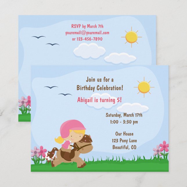Cute Blond Girl Riding Brown Horse Birthday Inbjud Inbjudningar (Fram/baksida)