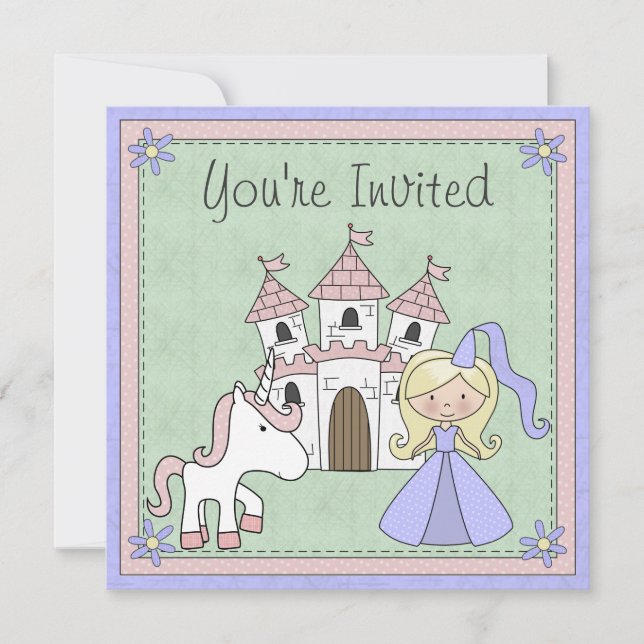 Cute Blond Princess och Unicorn Birthday Inbjudan (Framsida)