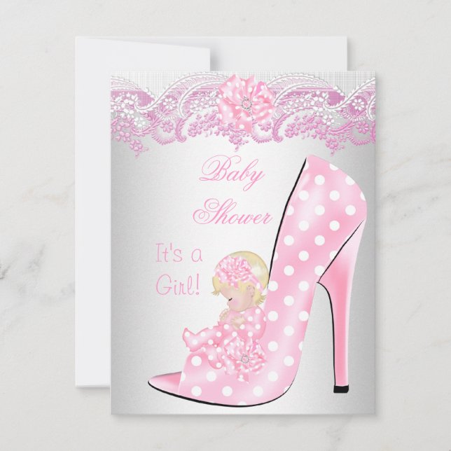 Cute Blonde Baby Shower Girl Rosa Baby Shoe Inbjudningar (Framsida)