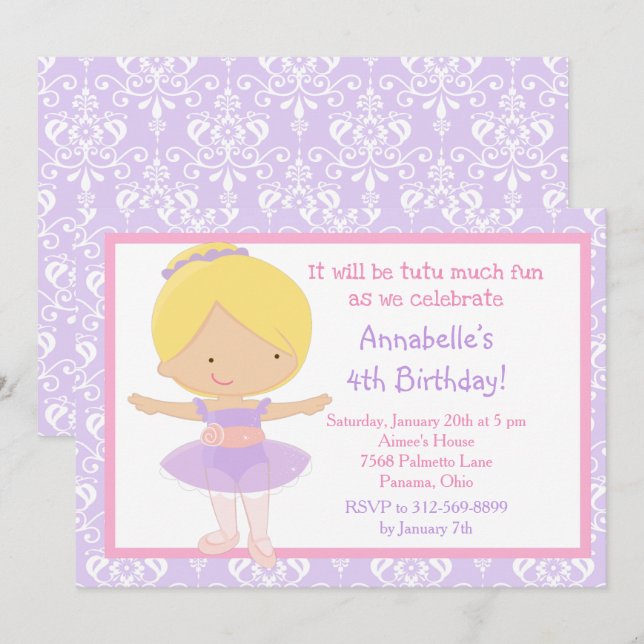 Cute Blonde Ballerina och Lila Damask Inbjudningar (Fram/baksida)