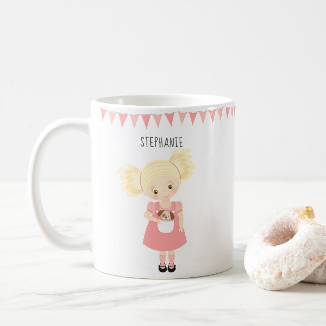 Cute Blonde Birthday Girl and Puppy Kaffemugg (Med munk)