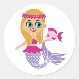 Cute Blonde Blue Eyed Sjöjungfru Girl Sticker Runt Klistermärke