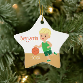 Cute Blonde Boy Basketball Personlig jul Julgransprydnad Keramik