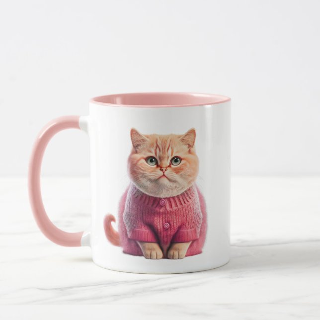 Cute Blonde Cat Mugg med Rosa Jackar - "Purrr" (Vänster)