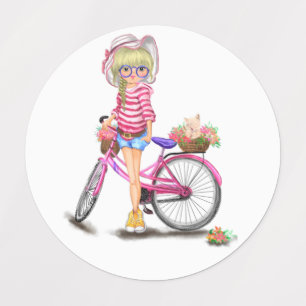 Cute Blonde Girl and Rosa Bike with Cat in Flowers Klistermärke