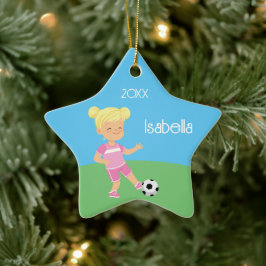 Cute Blonde Girl-fotbollsspelare Julgransprydnad Keramik