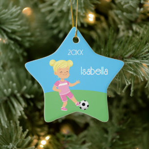 Cute Blonde Girl-fotbollsspelare Julgransprydnad Keramik