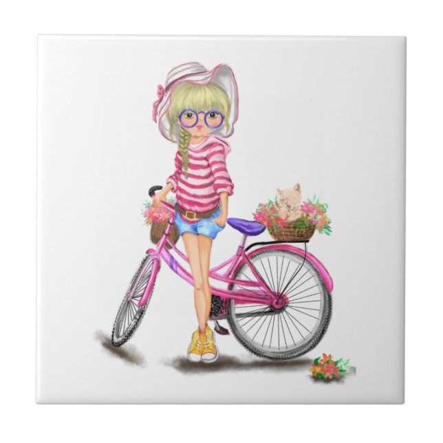 Cute Blonde Girl med Rosa Bike and Cat in Flowers Kakelplatta (Framsidan)