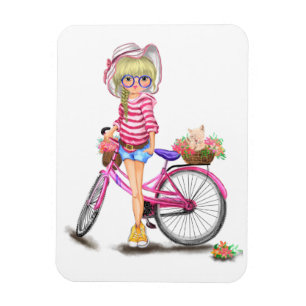 Cute Blonde Girl med Rosa Bike and Cat in Flowers Magnet