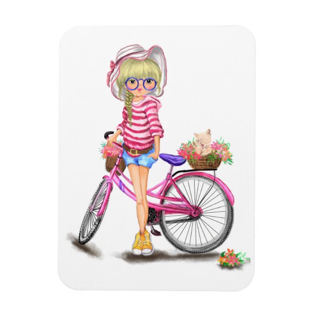Cute Blonde Girl med Rosa Bike and Cat in Flowers Magnet (Vertikal)