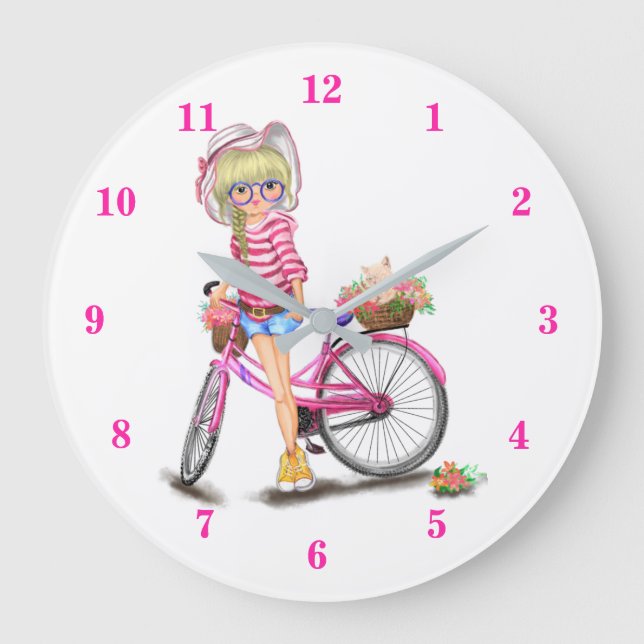 Cute Blonde Girl med Rosa Bike and Cat in Flowers Stor Klocka (Framsida)