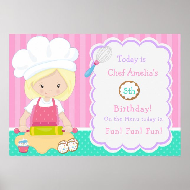 Cute Blonde Hair Girl Baking Birthday Poster (Framsidan)