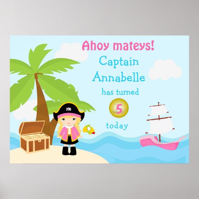 Cute Blonde Pirat Girl i Rosa Birthday Poster (Framsidan)